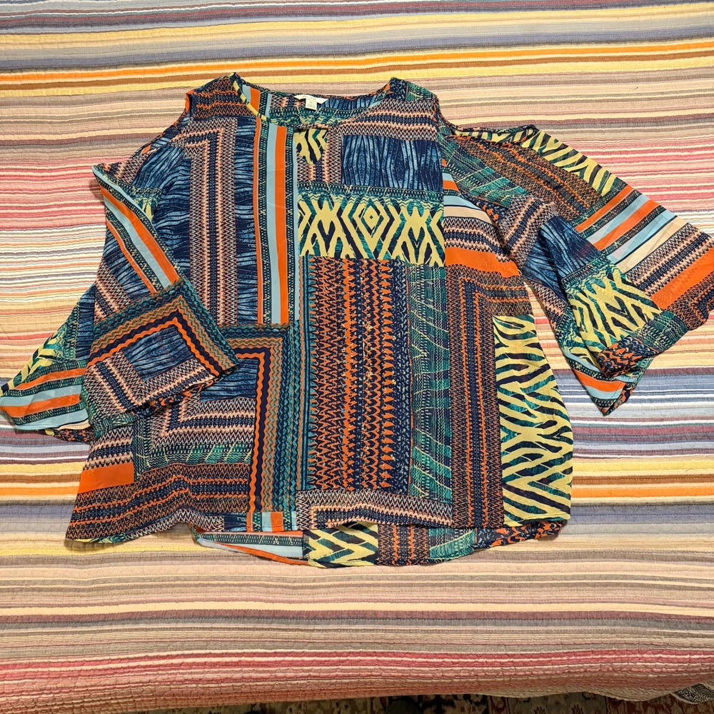EST. 1946 Womens XL Cold Shoulder Blouse Geometric Tribal Patchwork Print Top